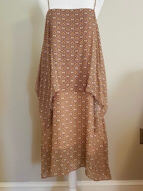 Theory Peach Tan Silk Print Midi Dress Large EUC